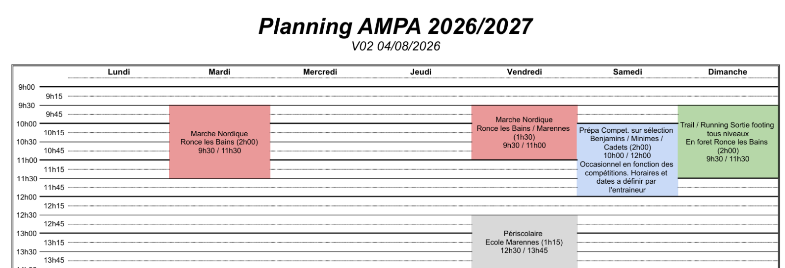 Saison 2026-2027 - Planning des activités / Reprise des activités et des entrainements à compter du 31 août 2026